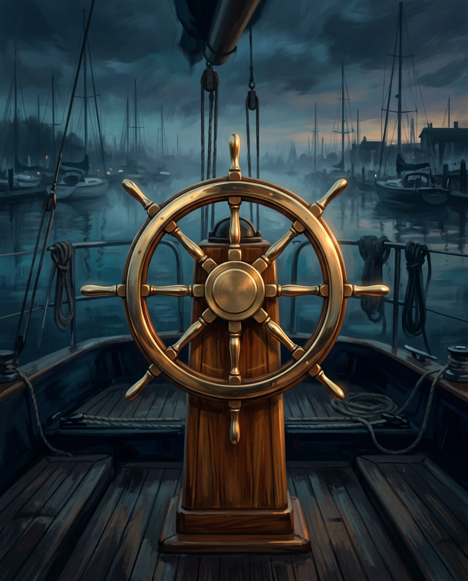 Illustration of a brass ship's wheel on a yacht at dusk in a misty harbor